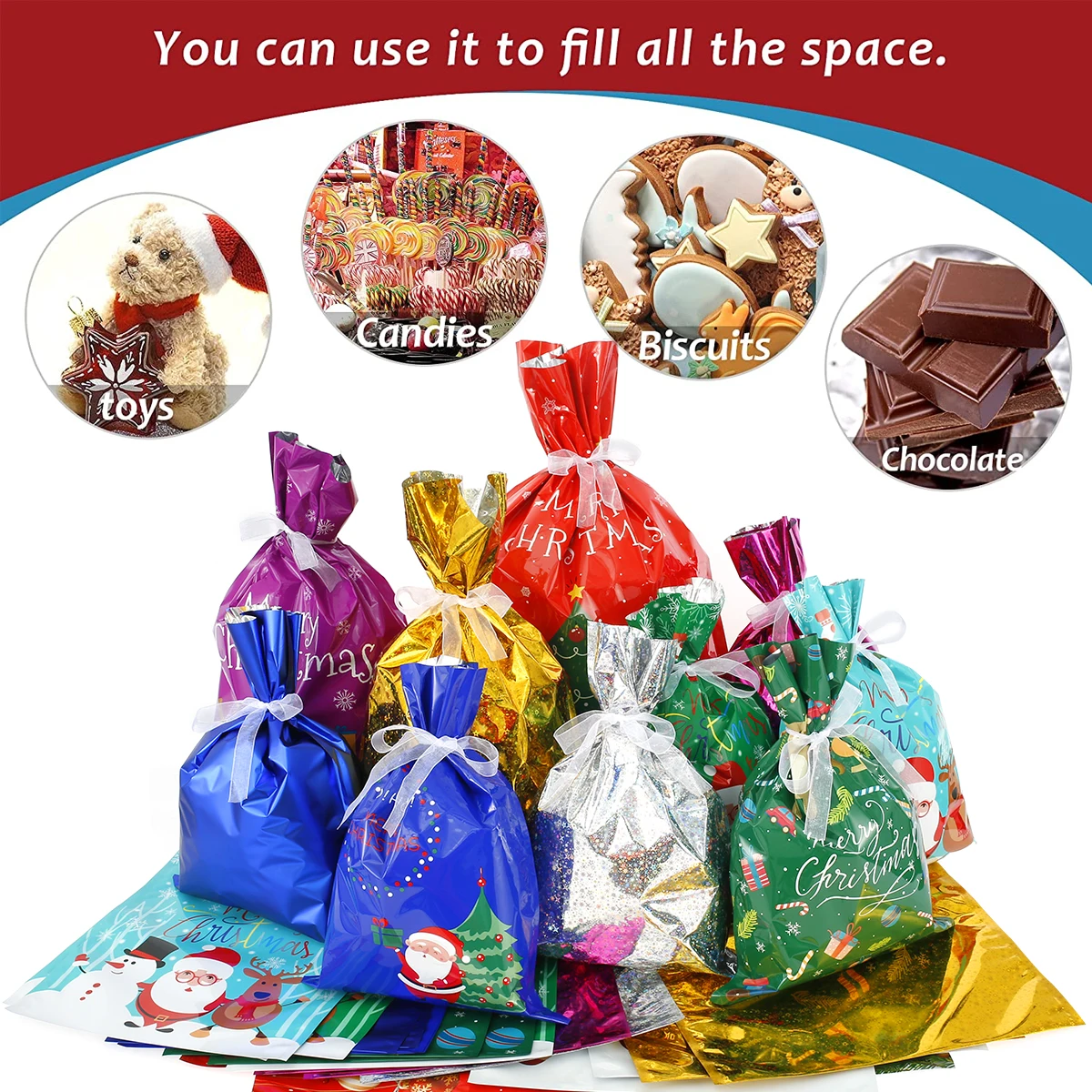 Bolsas de regalo con cord&oacute;n para Navidad, 30 unidades, 10 dise&ntilde;os diferentes, para envolver regalos surtidos, con etiquetas de nombre-3