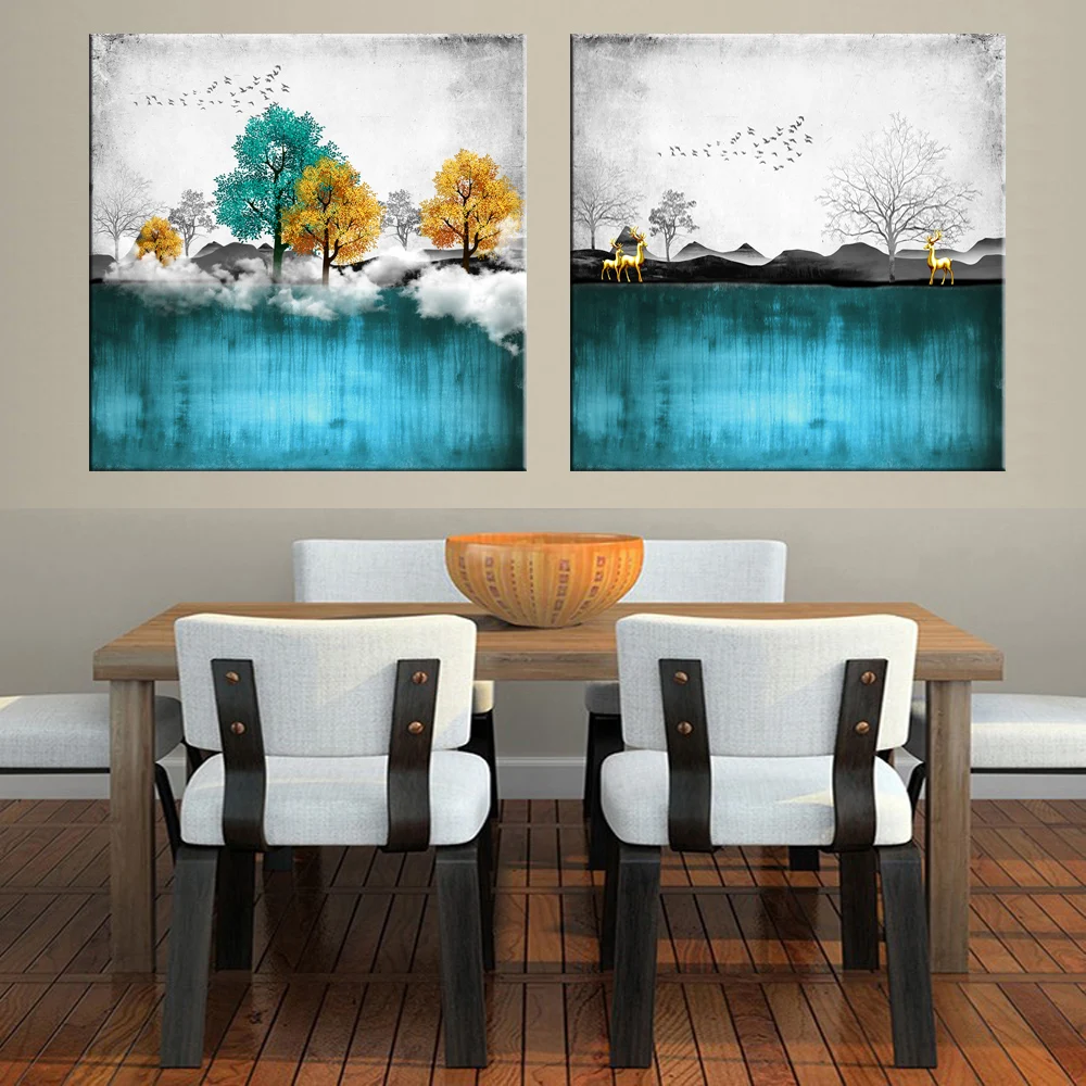 Горное озеро елка лося Картина Пейзаж абстрактная живопись плакат Nordic украшения