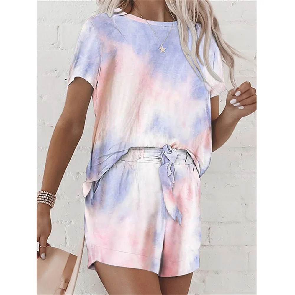 

Two Piece Set Women Short Sleeved pajamas Tie Dye Printing Outfits Shorts Set Ladies 2021 Summer Clothes Short Suits Slub Outfit