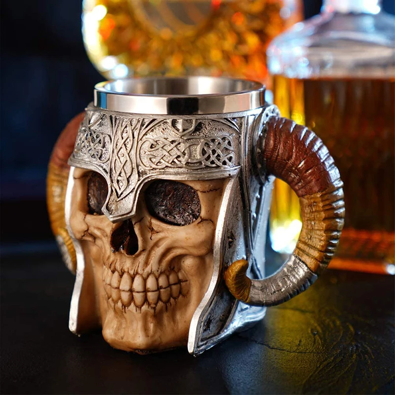 

Double Handle Big Ram's Horn Coffee Cup 3D Stainless Steel Resin Skull Sculpture Figurines Mug Home Party Decor Accessories