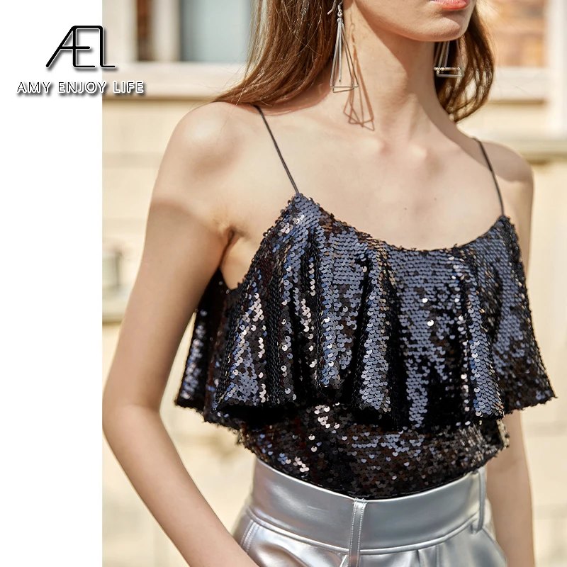 

AEL Spaghetti Strap Top Women Halter black Sequins Sleeveless party Tank ruffle Tops Women'S Summer 2020 Camisole