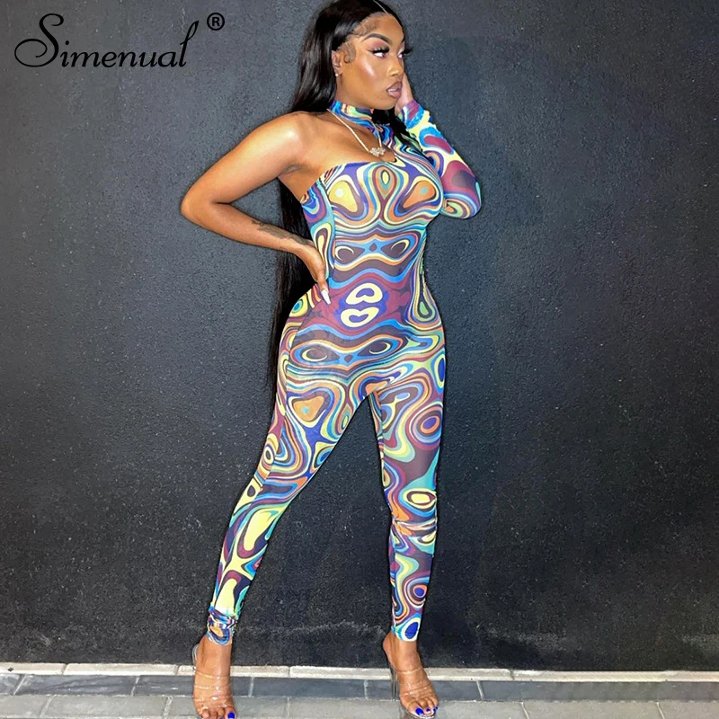 

Simenual One Shoulder Mesh Wave Print Ripple See Through Jumpsuits Long Sleeve Sexy Hot Bodycon Catsuits One Piece Outfits Women