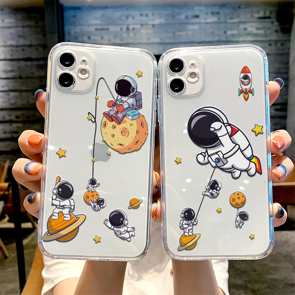 

Astronaut cartoon creative cute Phone Case for iphone 13 12 11 pro max mini 6 6s 7 8 plus SE2020 X XR XS transparent clear cases
