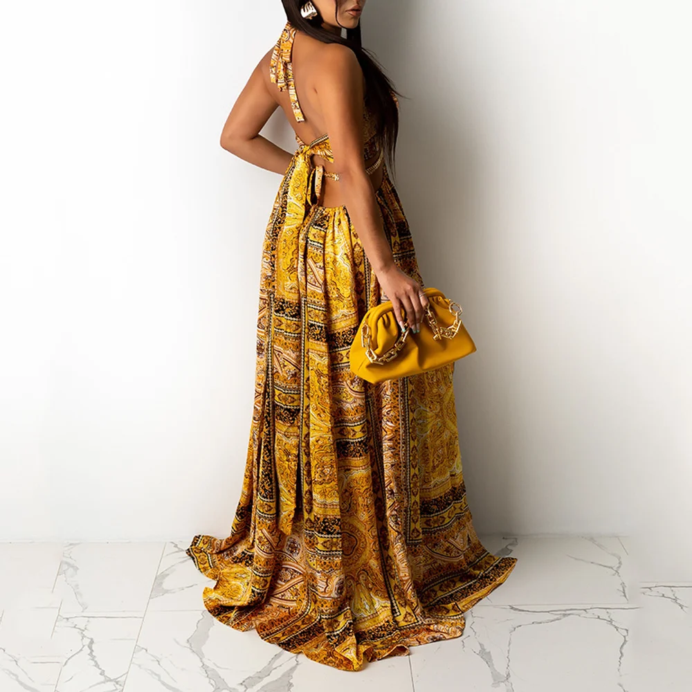 

Women's 2021 New Sleeveless Print Neckline Sexy Maxi Party Dress Women Split Skirt Vestido Clothes