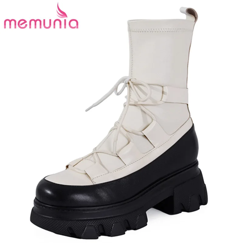 

MEMUNIA 2021 New Arrival Genuine Leather Boots Women Winter Boots Hot Sale Fashion Ankle Boots Lace Up Comfortable Ladies Shoes