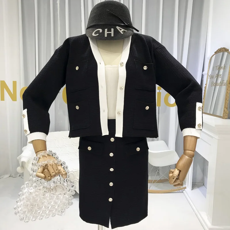 Женский вязаный костюм ALPHALMODA элегантный во французском стиле ретро с карманами