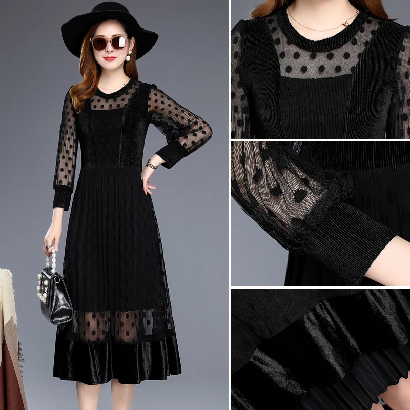 KMETRAM Spring Autumn Velvet Dress 2020 Vintage Party Maxi Women Long Sleeve Black Elegant Dresses Vestidos WW1158 | Женская одежда