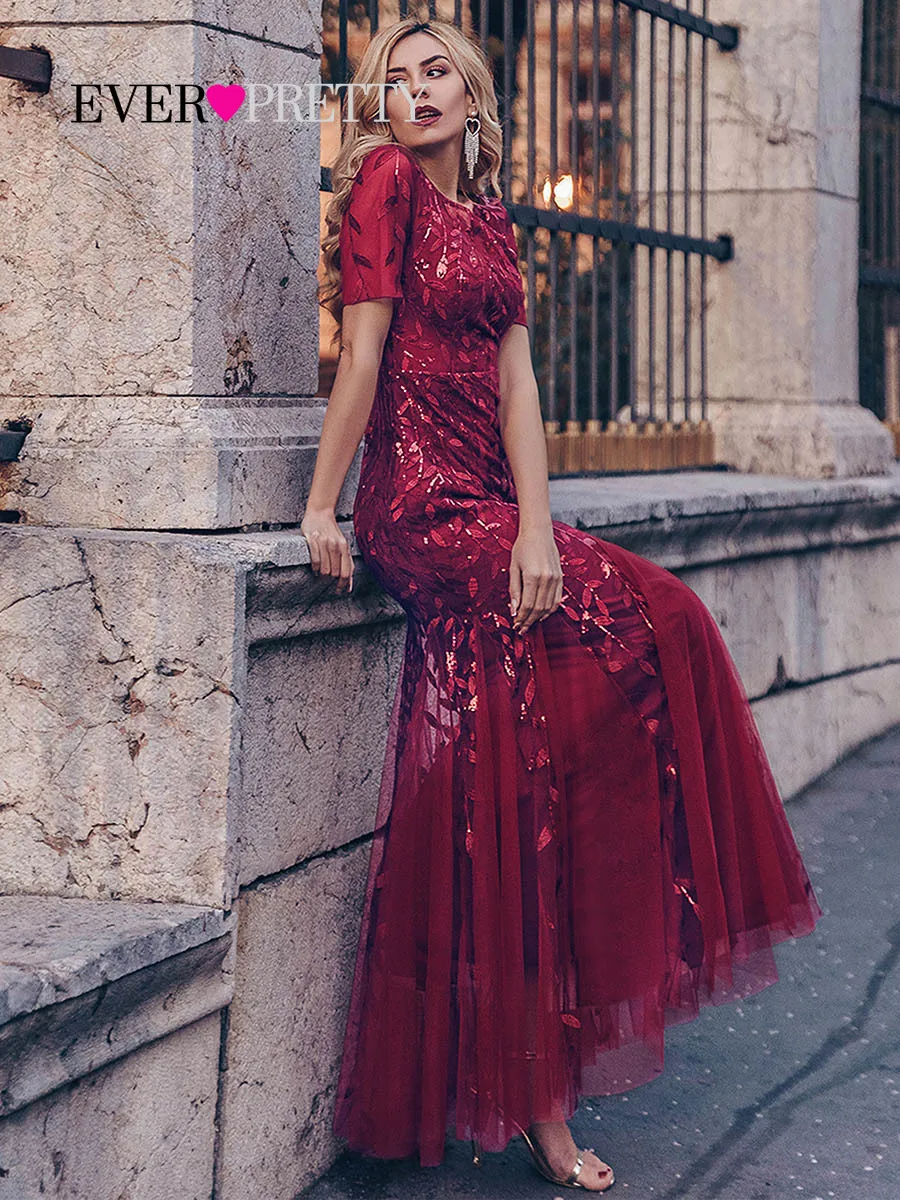 

Burgundy Evening Dresses For Women Party Ever Pretty EP07886 Elegant O-Neck Mermaid Sequin Wedding Formal Gown Abendkleider 2021