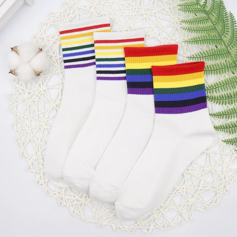 2 pairs 2 пары, женские модные носки с радугой, зимние женские носки, хлопковые носки с радужными полосками, модные теплые Повседневные носки для девочек в стиле Харадзюку - Color: 2 pairs