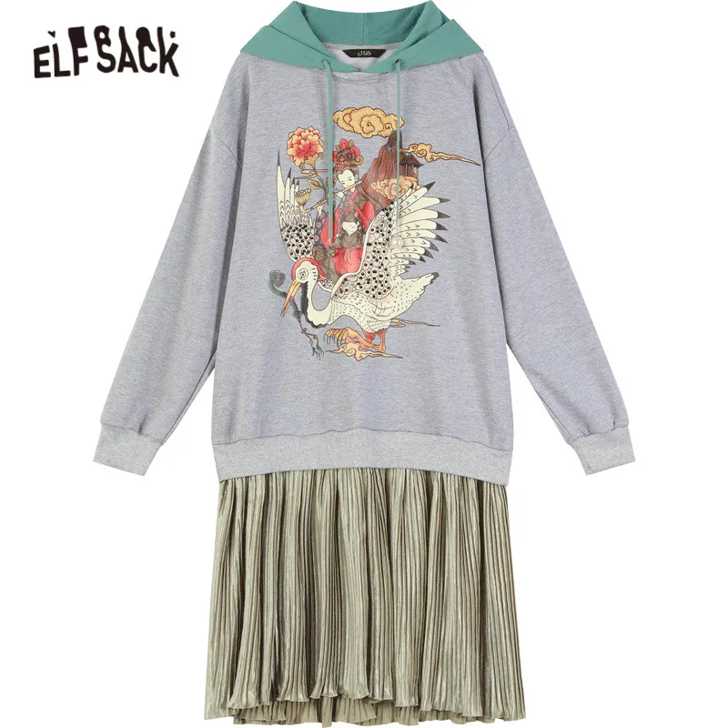 

ELFSACK Chinese Style Graphic Print Hooded Casual Women Pleated Dresses 2020 Autumn Vintage Patchwork Korean Ladies Daily Dress