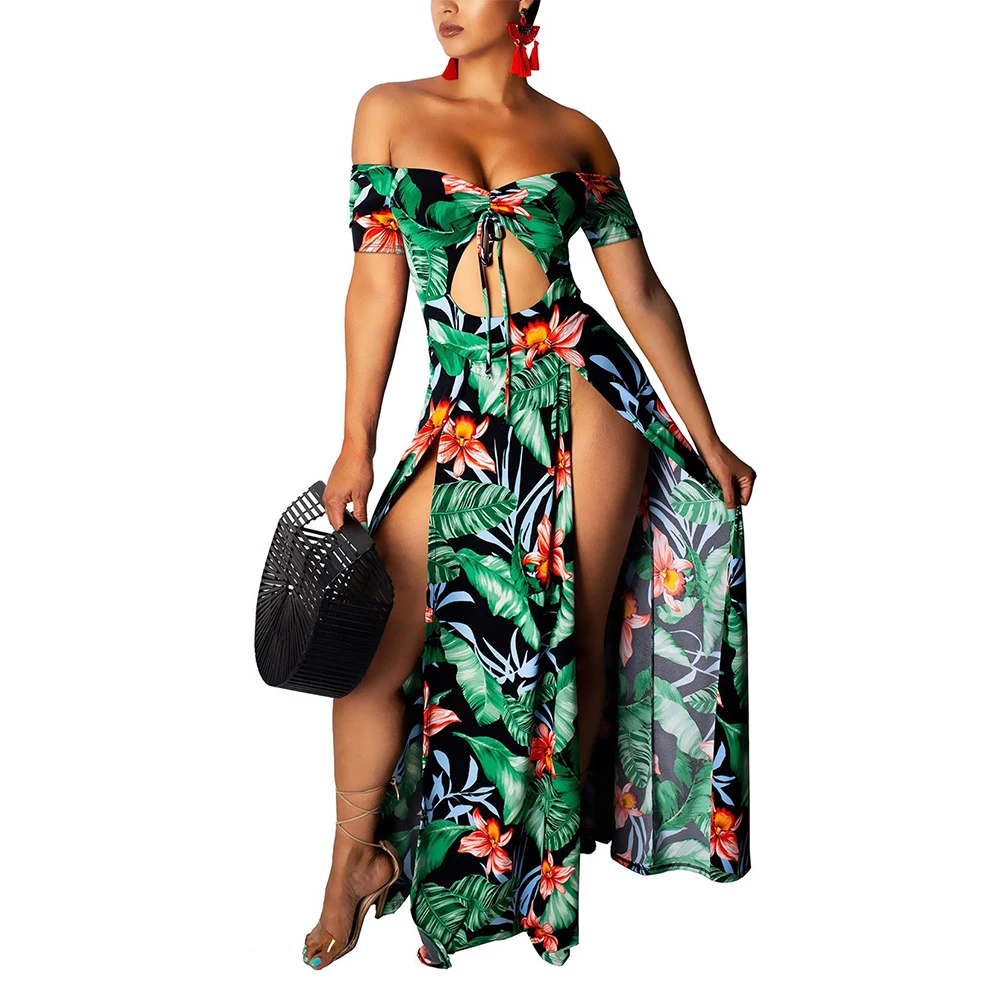 

Women Fashion Dress Casual Deep Neck Loose Split Hem Floral Midi Short-Sleeve Girl’s Clothes Gifts