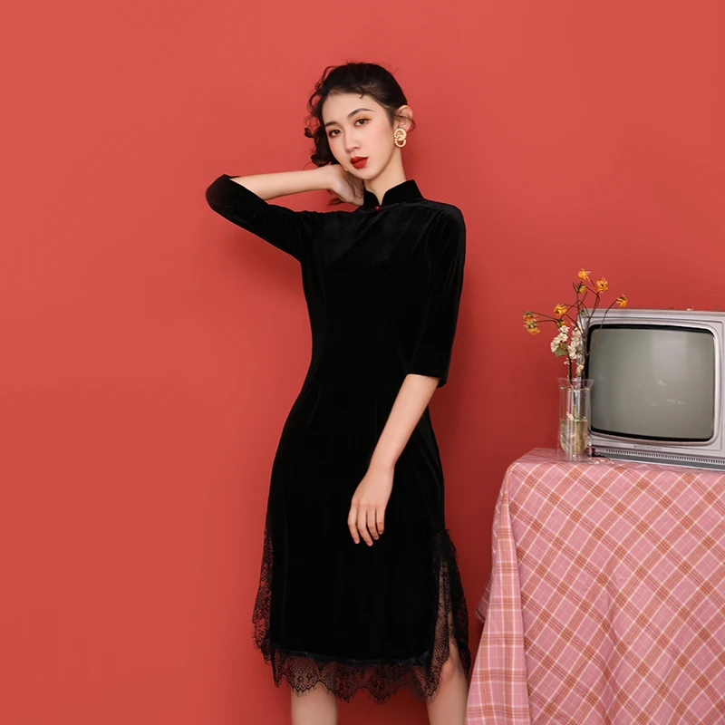 Осенне зимнее платье Ципао для девочек SWEETXUE золотистые бархатные кружевные