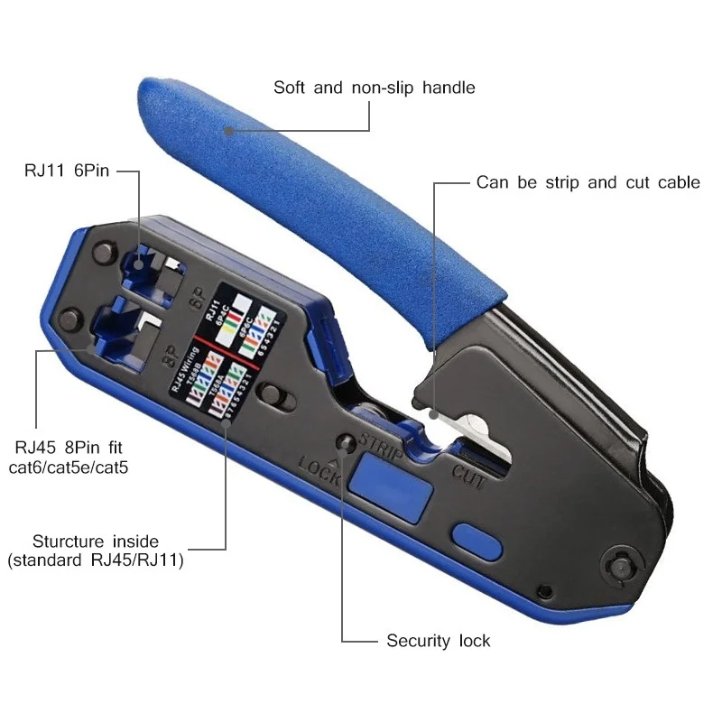 

2021 New All In One for RJ45 Cat7 Cat6 Cat5 RJ11 RJ12 Tool Network Crimper Cable Crimping Tools Modular Plugs Metal Clips Pliers