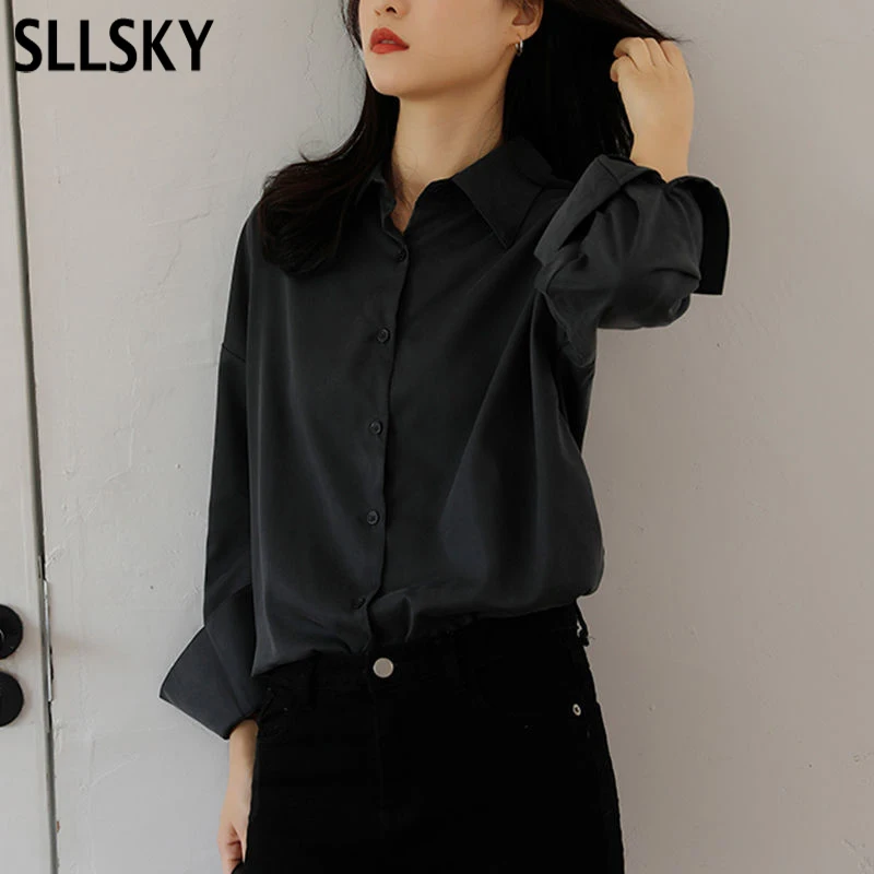 

SLLSKY Autumn Winter Fashion Loose Women Shirts OL Style Single Breasted Full Sleeve Blouses Female Turn-Down Collar Tops