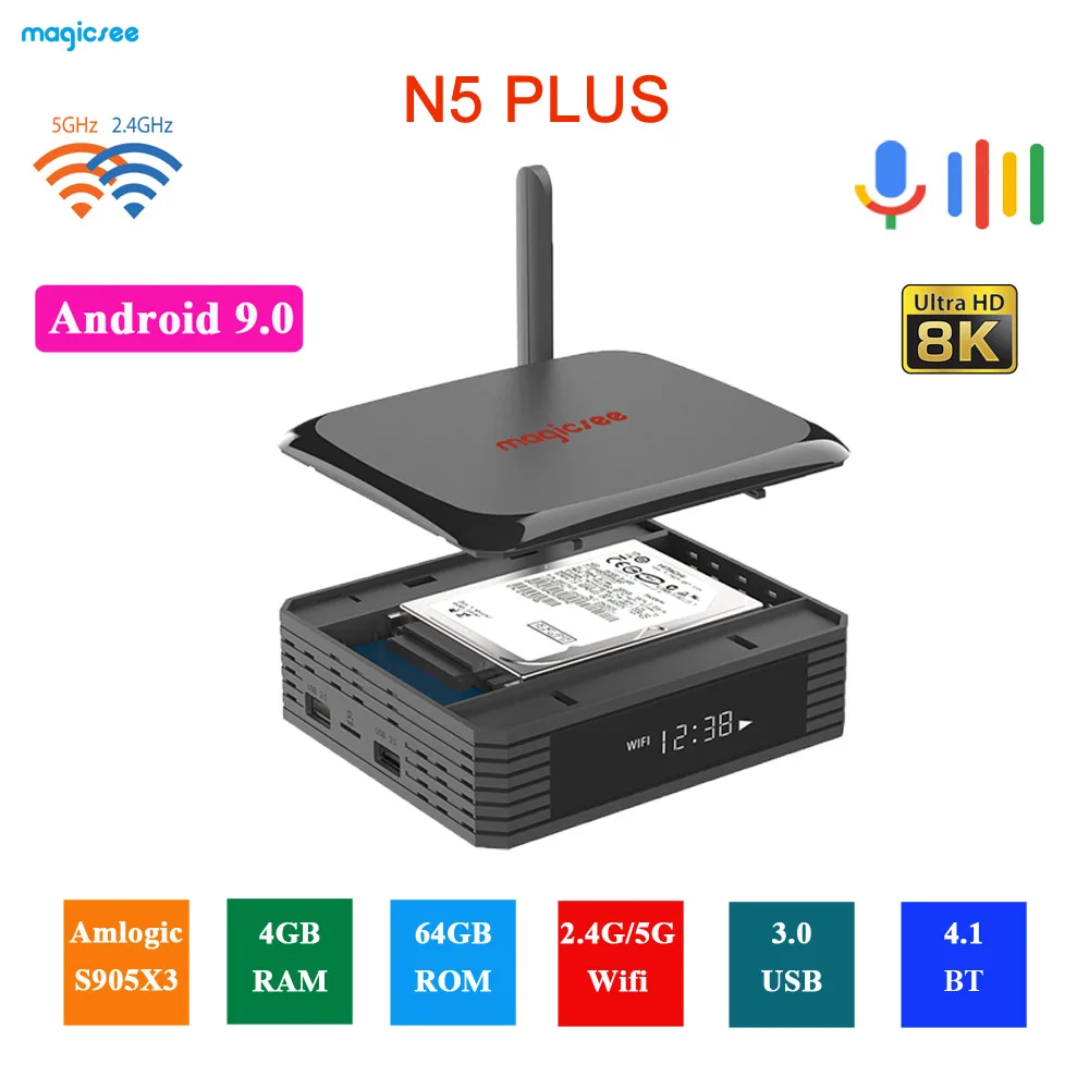 ТВ-приставка Magicsee N5 Plus S905X3 приставка на Android 9 0 4 Гб ОЗУ 64 ПЗУ 2 4/5G функция Dual WiFi Ethernet
