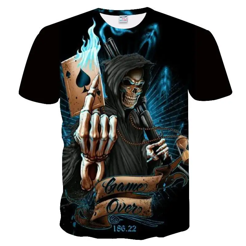

New casual skull poker 3D T-shirt men's short-sleeved quick-drying shirt black design style men's and women's T-shirt