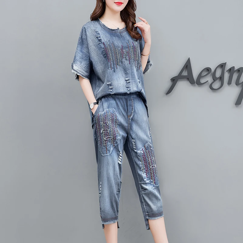 Синий джинсовый костюм комплект из двух предметов Женский ковбойский лето 2020 топ