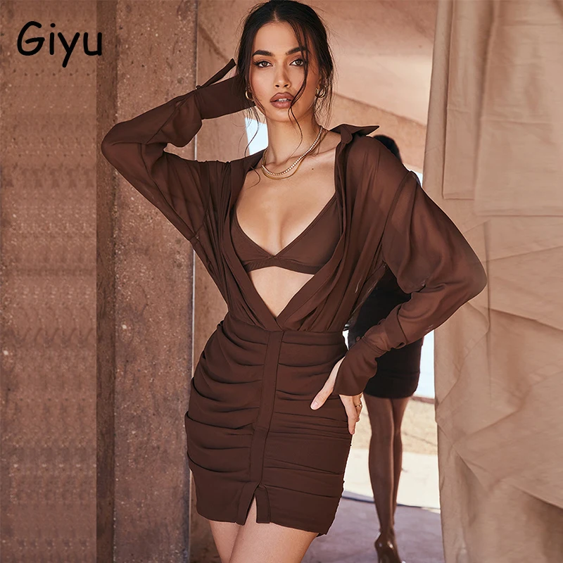 

Giyu Sexy See Through Chiffon Dress Women 2021 Autumn Bodycon Club Party Vestidos Casual Robe Long Sleeve Ruched Mini Dresses