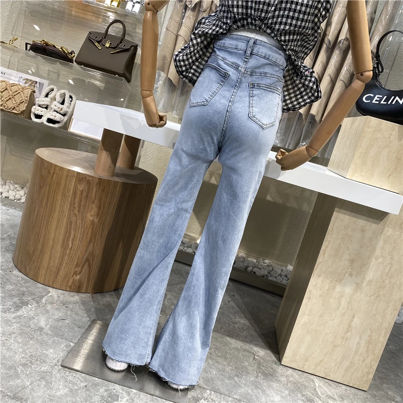 

Fashion Light Blue Washed Jeans Slit High Waist Ripped Casual Women Straight Leg Pants Lady Wide Leg Denim Jeans