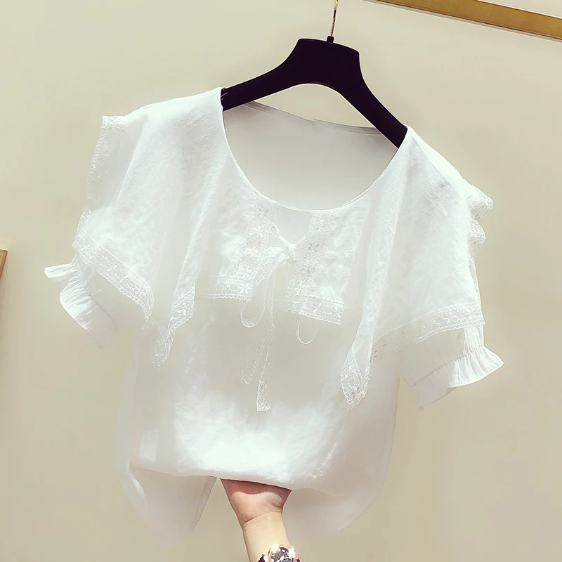

Women Lace Shirt Chiffon Blusas Femininas Tops Summer Short Sleeve Peter pan Collar Girl Blouse Shirt clothing
