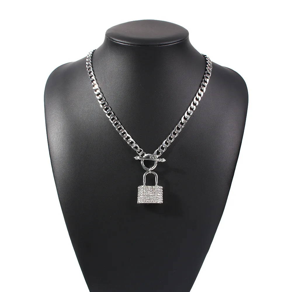 

Fashion Personality Punk Style Chain Creative Geometric Alloy Lock with Diamond Pendant Necklace