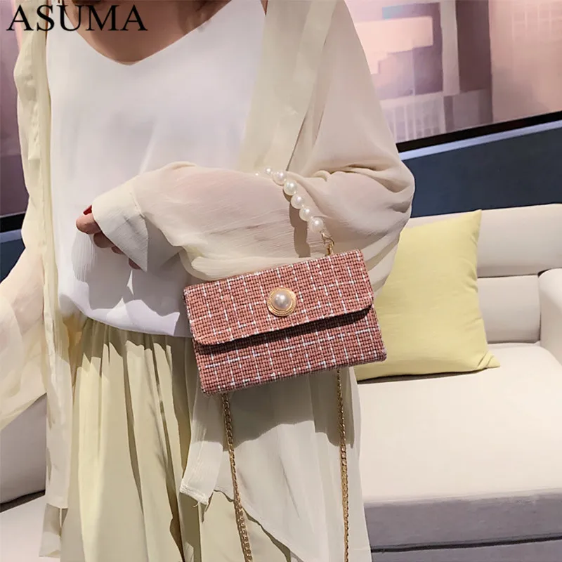 Красочный Жемчуг сумки через плечо для женщин 2019 зимние твидовые маленькие