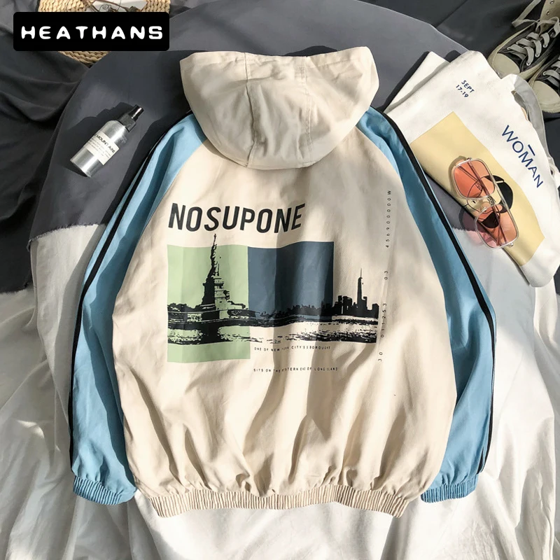 

Куртка-бомбер мужская с капюшоном, уличная одежда с надписью, модная свободная ветровка в стиле оверсайз, Повседневная Толстовка с капюшоно...