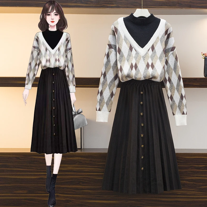 

2021 Winter Woman Knitted 2pcs Suit Loose Plaid Sweater + Pleated A-line Skirt Set Woman Casual Warm Soft Big Size Suits New