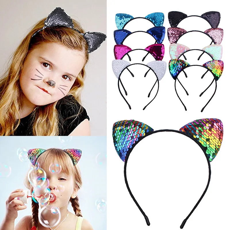 

New flip sequin Shiny cat ears cute headband children birthday party bezel hair band girl headdress hair accessories hair ties