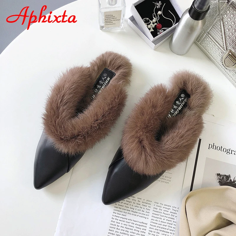 Aphixta/женские шлепанцы с острым носком; Коллекция года; обувь без задника с натуральным животным мехом; обувь с пряжкой; тапочки с натуральным мехом; женская обувь на меху