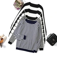 womens striped long sleeved sweater round neck knitted sweater top korean sweater white autumn and winter 2021
