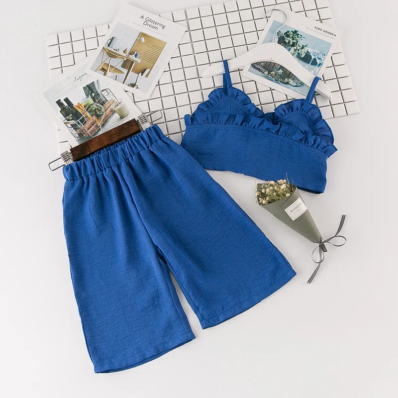 

2pcs Girl Summer Set Lace Short Suspender + Wide Leg Pants Set Girls Clothing Sets Children Crop Top Girls Outfits Crop Top Kids