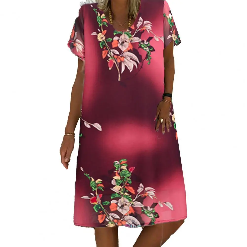 

Women Summer Midi Dress Short Sleeve Flower Printing Round Neck Loose Waist Plus Size Dresses Vestidos