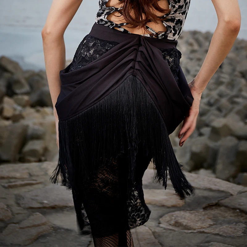 Latin Dance Skirt Female Adult Black Sexy Lace Fringe Skirts Performance Clothing Tango Salsa Cha Rumba Samba Wear DNV12263 |