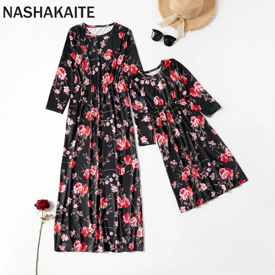 NASHAKAITE/платья для мамы и дочки; сезон осень-зима; длинное платье с цветочным принтом «три четверти» для мамы и дочки; одежда «Мама и я»