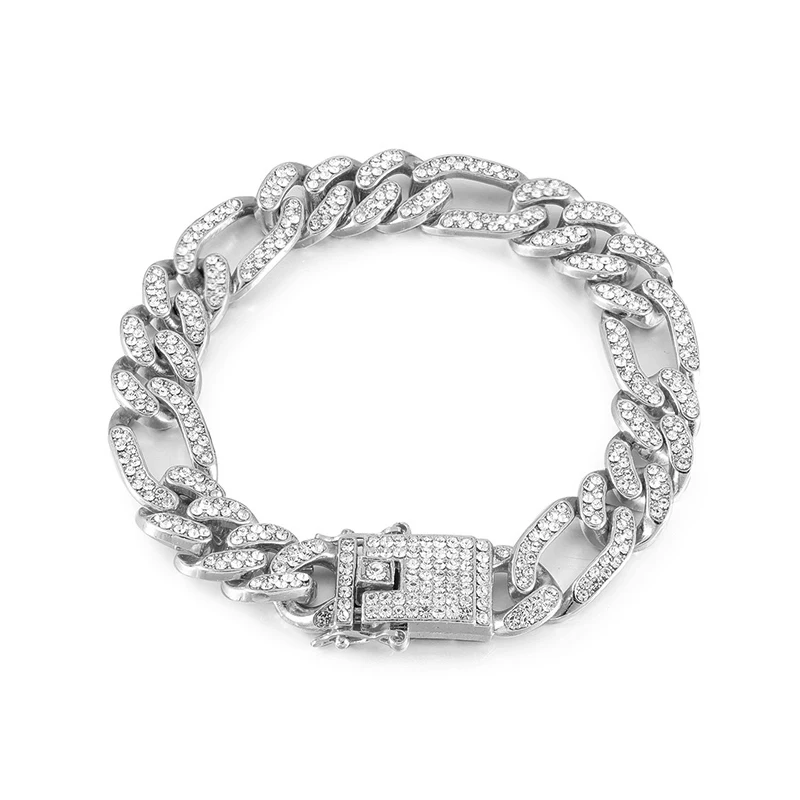 Silver Bracelet Хип-хоп 1 комплект 13 мм золото Iced Out проложили Стразы в виде кантри Фигаро Цепь ожерелье CZ Bling ожерелье рэпера для мужчин ювелирные изделия - Окраска металла: Silver Bracelet