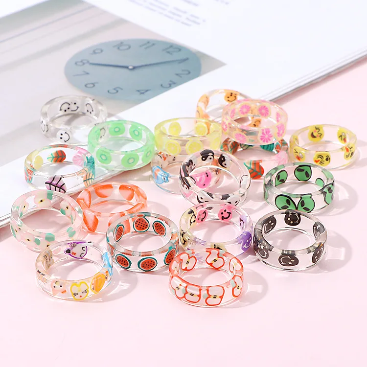 

New Resin Colorful Smiley Fruit Rings for Women Girls Fashion Transparent Cute Acrylic Butterfly Frog Ring Party Jewelry Gift