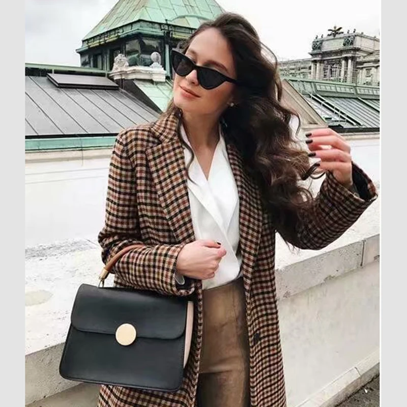 Женский осенне зимний костюм ZA повседневный модный приталенный клетчатый с