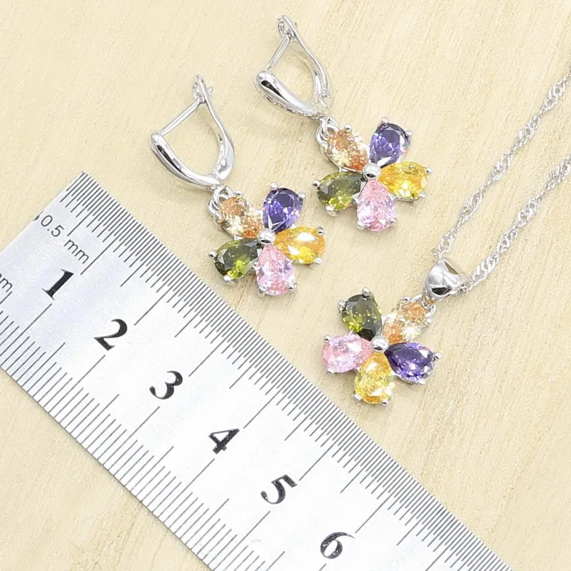Цветок Форма многоцветный циркон серебряный цвет набор украшений для женщин