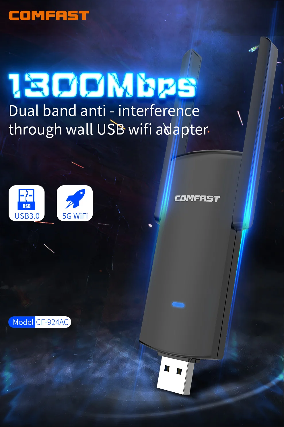 

1300Mbps CF-924AC USB Wireless WiFi Adapter Dual Band 2.4G&5G Antenna WiFi Gigabit Network Card wi-fi Receiver PC Dongle