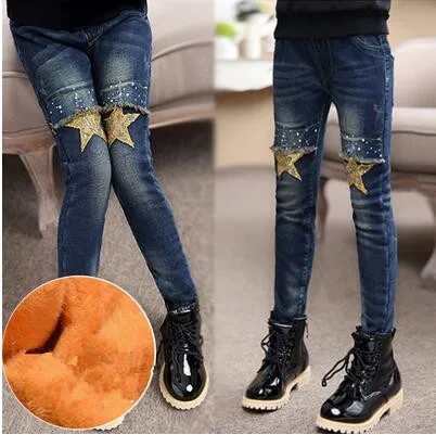F620 fleece jeans Коллекция года, зимняя детская одежда джинсы для девочек повседневные узкие джинсы из плотного флиса для маленьких девочек, джинсы для крупных детей, длинные штаны - Цвет: F620 fleece jeans