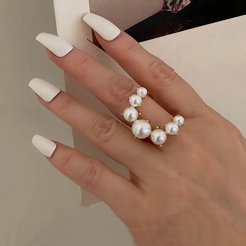 

Fashion Big Geometric Pearl Paved Rings For Women 2021 New Jewelry Personality Statement Open Ring Adjustable