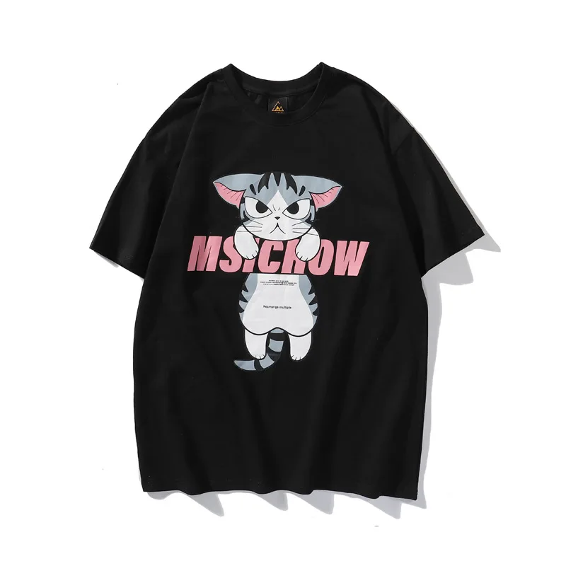 

Summer Hipster Harajuku Kitty Print Pure Cotton Short Sleeve T Shirts Unisex Loose Casual Sports Tees Tops Half Sleeved For Men