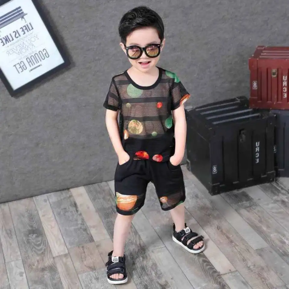 

New 2020 Summer Kids Clothes Outfit Thin Cool O-neck Collar T-shirt +Shorts 2Pcs Boys Clothing Sets For 18M 2t 3t 4 6 8 Year