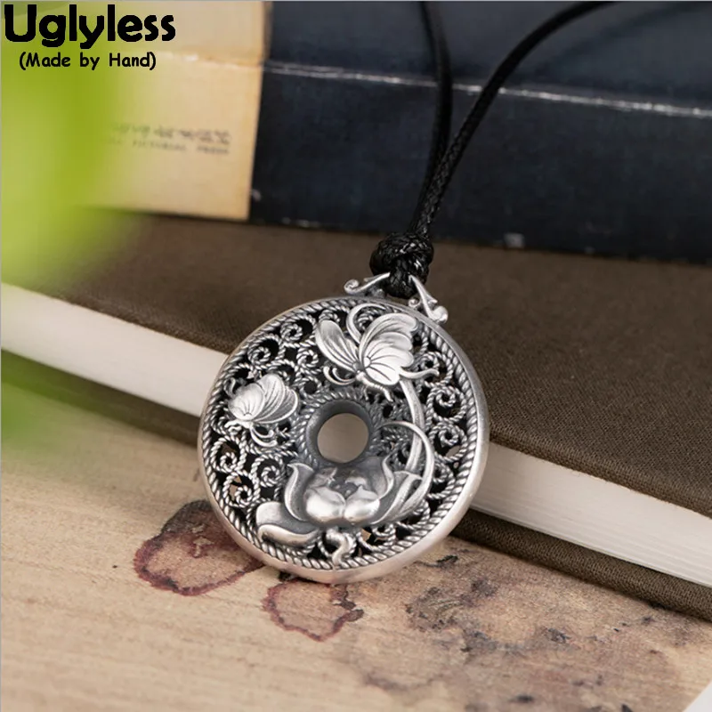 

Uglyless Ethnic Animals Phoenix Lotus Peony Necklaces NO Chains 999 Silver Buttons Pendants Thai Silver Bijoux Vintage Jewelry
