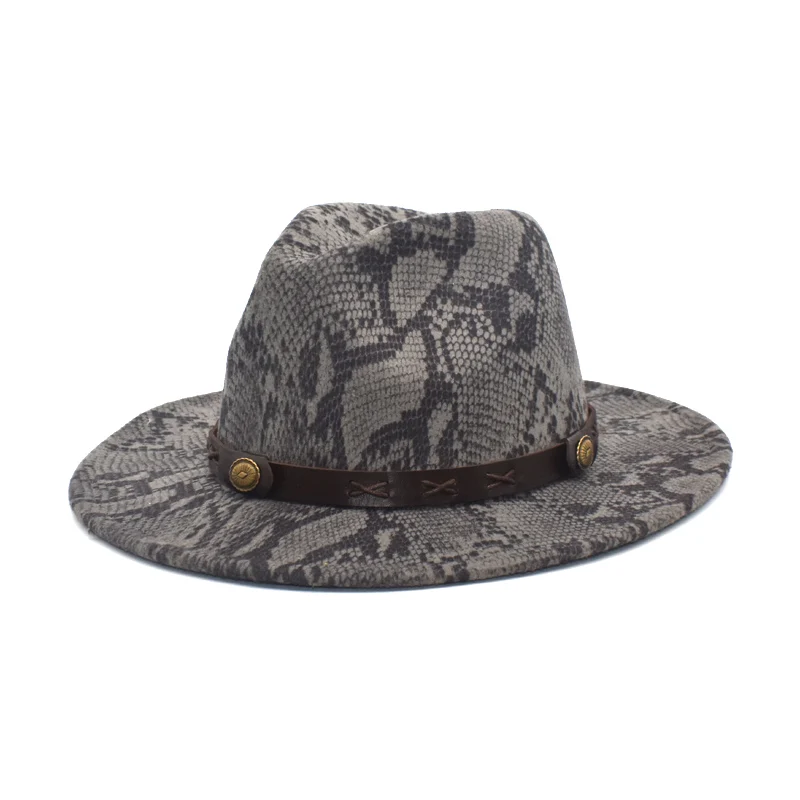 

Unisex Simple Flat Brim Wool Felt Jazz Fedora Hat Snake Pattern Leather Band Decoration Tribal Panama Hat F94