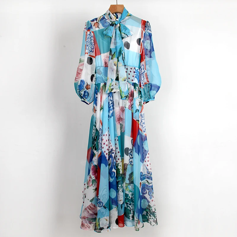 Женское шифоновое платье-миди с бантом на воротнике трапециевидного силуэта -