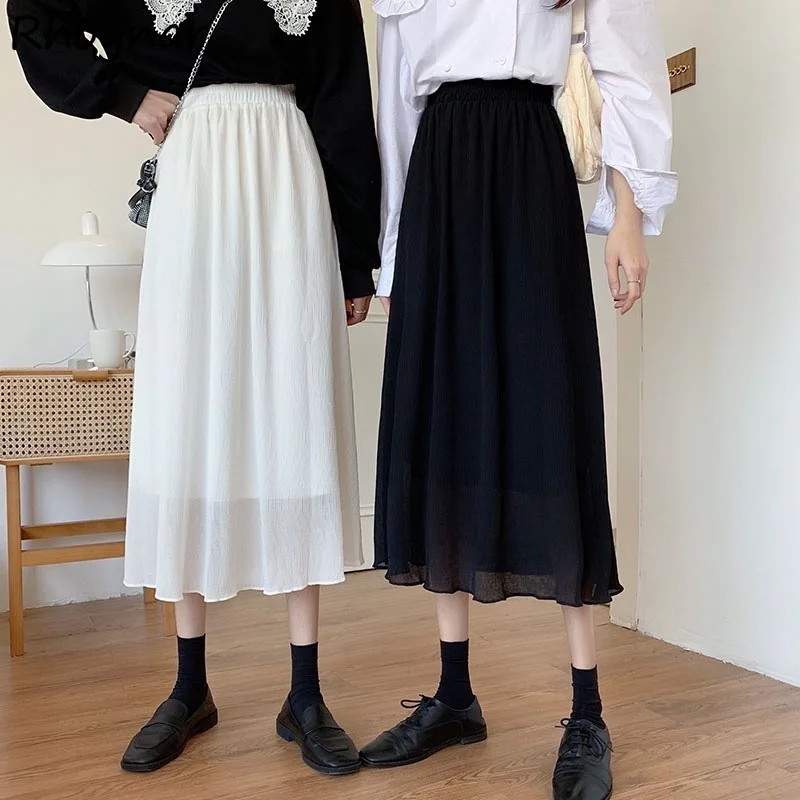 

Chiffon Skirts Women Elegant Solid All-match High Waist A-line Casual Simple Soft Fashion Summer Ulzzang Lady Streetwear College