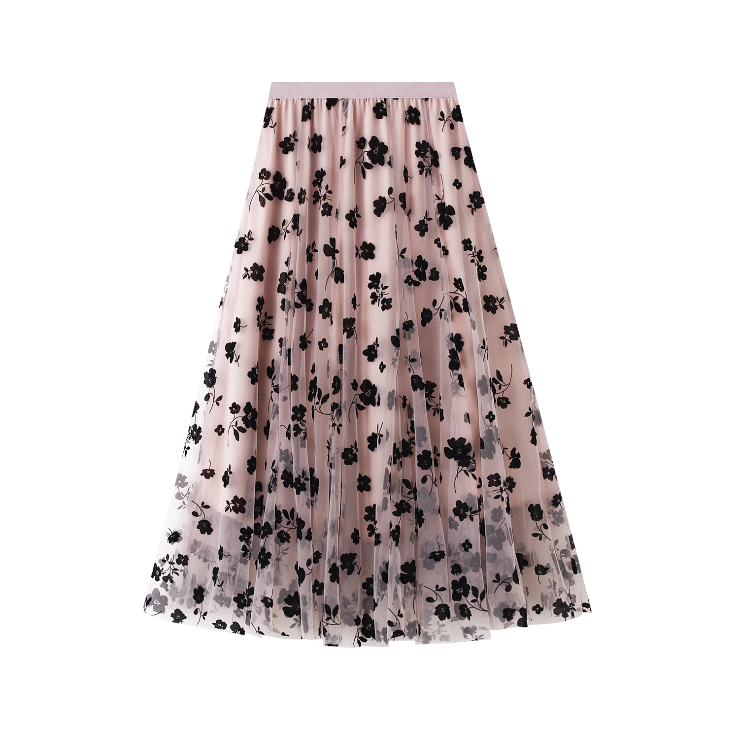 

NEW 2021 Elegant Women Tutu Tulle Skirts Elastic High Waist Layered Skirt Fashion Casual Floral Print Mesh A-Line Midi Skirt