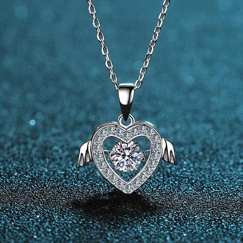 

Silver Angel Heart Wing Moissanite Pendant Necklace 0.5 Carat Excellent Cut Diamond Test Passed D Color Good Moissanite Chain